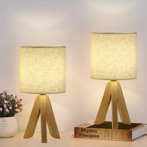 Wooden Tripod Bedside Lamps with Fabric Linen Shade