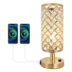 Crystal Table Lamp with Dual Usb Charging Ports, Golden Table Lamp  for Bedroom Living Room Home Office