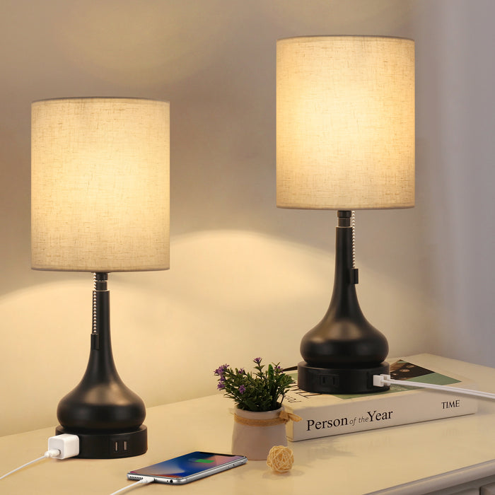 Set of 2 Bedside Lamps with Dual USB & Pull Chain Switch