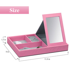 NEX Jewelry Box, Jewelry Display Storage, Make up Storage Box with Mirror and Mirror Stand, PU Leather, Ring Tray, Earring Slots, Excellent for Desk Jewelry Storage, Portable and Travel