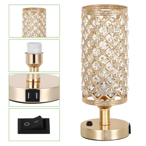 Crystal Table Lamp with Dual Usb Charging Ports