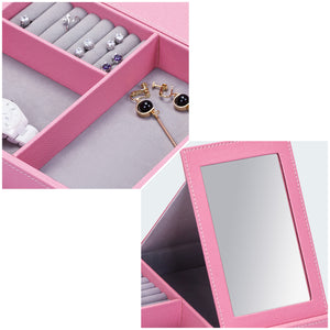 NEX Jewelry Box, Jewelry Display Storage, Make up Storage Box with Mirror and Mirror Stand, PU Leather, Ring Tray, Earring Slots, Excellent for Desk Jewelry Storage, Portable and Travel