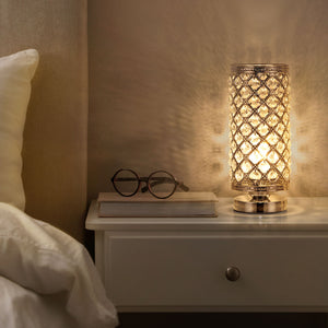 HAITRAL Crystal Cylinder Table Lamp, Vintage Modern Night Lamp, Nightstand, Decorative Lamp For Desks, Bedroom, Living Room, Kitchen, Dining Room – Silver