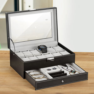 NEX Double Layer Watch Organizer- 12 Slot Watch Case with Display Glass and Jewelry Tray Drawer