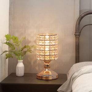 HAITRAL Crystal Cylinder Table Lamp, Vintage Modern Night Lamp, Nightstand, Decorative Lamp For Desks, Bedroom, Living Room, Kitchen, Dining Room – Gold Color