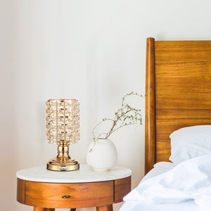 HAITRAL Crystal Cylinder Table Lamp, Vintage Modern Night Lamp, Nightstand, Decorative Lamp For Desks, Bedroom, Living Room, Kitchen, Dining Room – Gold Color