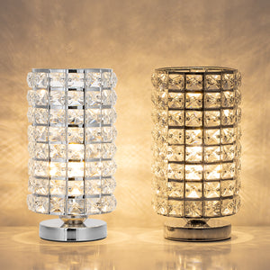 HAITRAL Crystal Cylinder Table Lamp, Square Vintage  Modern Night Lamp, Nightstand, Decorative Lamp For Desks, Bedroom, Living Room, Kitchen, Dining Room – Silver