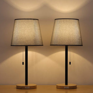 HAITRAL Vintage Table Lamp with Wooden Base Set of 2, Pull Chain Table Reading Lamp