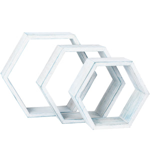 Wooden Hexagon - Rustic Floating Honeycomb Shelves - Set of 3 in Light Blue White