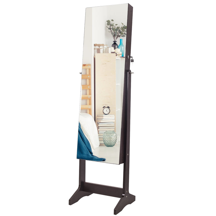 Frameless Mirror Jewelry Armoire with Lockable Cabinet In Brown By Casavida