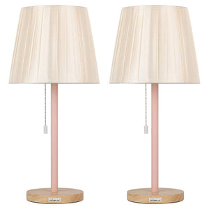 HAITRAL Two Set Pink Vintage Wooden Base Pull Chain Table Reading Lamp