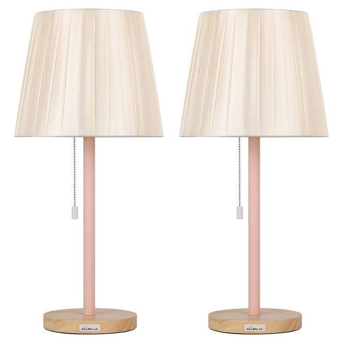 HAITRAL Two Set Pink Vintage Wooden Base Pull Chain Table Reading Lamp