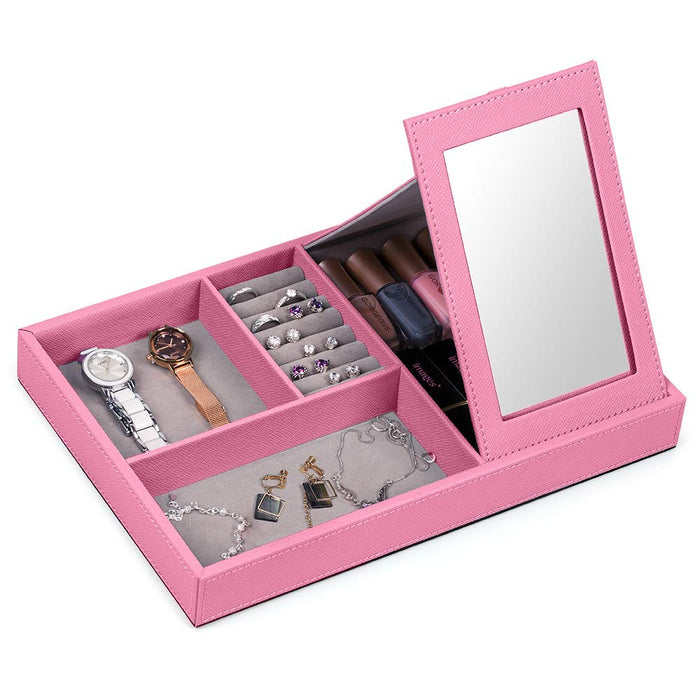 NEX Pink Jewelry Box, Jewelry Display Storage, Make up Storage Box, With Mirror and Mirror Stand, PU Leather, Ring Tray, Earring Slots, Excellent for Desk Jewelry Storage, Portable and Travel (LT-A025)
