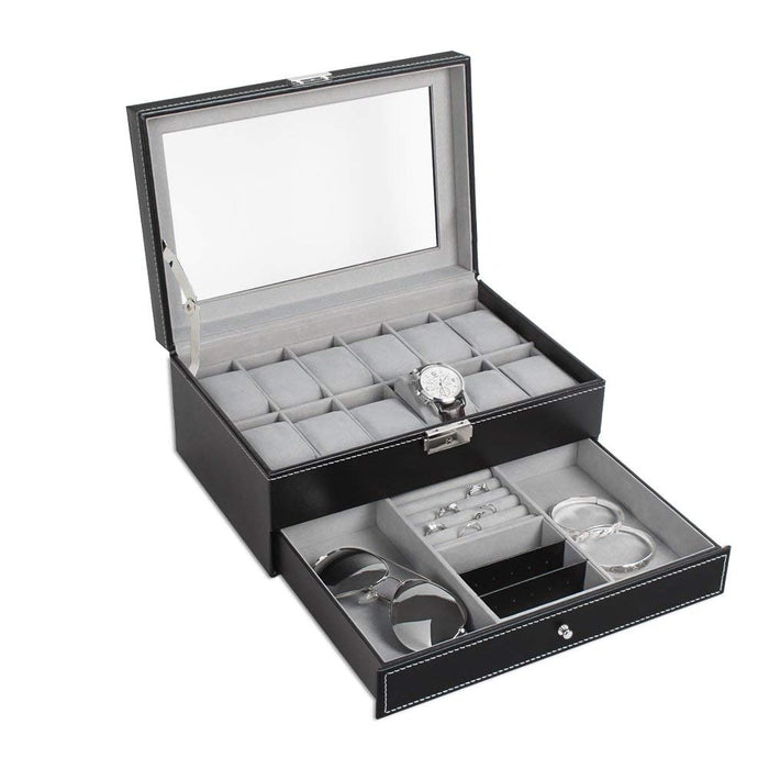 NEX Double Layer Watch Organizer- 12 Slot Watch Case with Display Glass and Jewelry Tray Drawer (NX-A011)