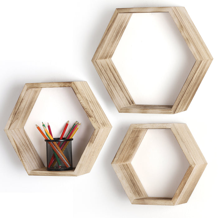 Wooden Hexagon - Rustic Floating Honeycomb Shelves - Set of 3 in Light Natural Wood
